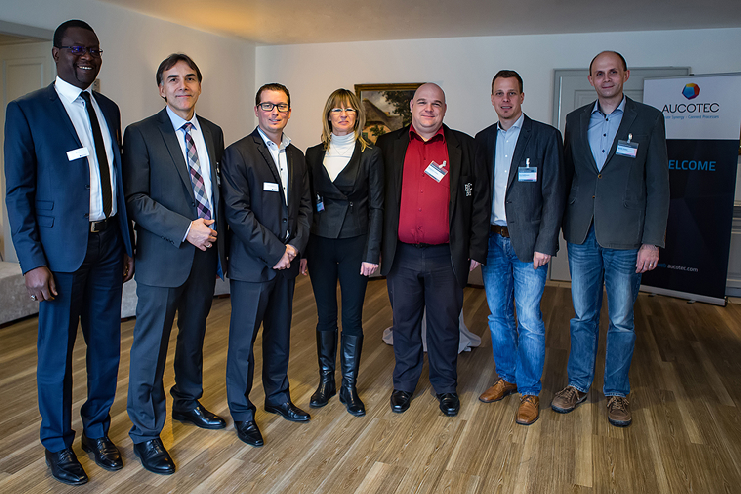 Speakers on the Technology Day: (from left: Djibi Dia (Aucotec, for Thales Alenia Space), Dr. Anton Ferner (CADPart), Jérôme Anguenot (Aucotec, for Thales Alenia Space), Birgit Smuda (Sysberry), Benjamin Lamey (OHB System AG), Tim Hoffmann (Sysberry), Martin Huber, Airbus